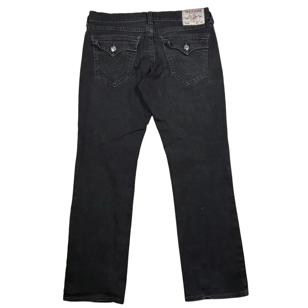 True Religion Jeans 36 x 32 Black Mens Ricky Relaxed Straight Flap Pockets Denim
